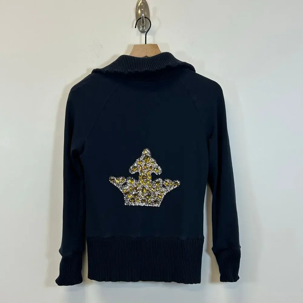 Boston Proper Sport Lounge Set Sz S Navy Rhinestone Crown‎ Velour Y2K Luxe